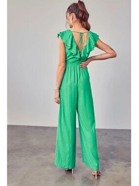 SHEIN Emerald Green Ruffle-Trim Wide Leg Jumpsuit